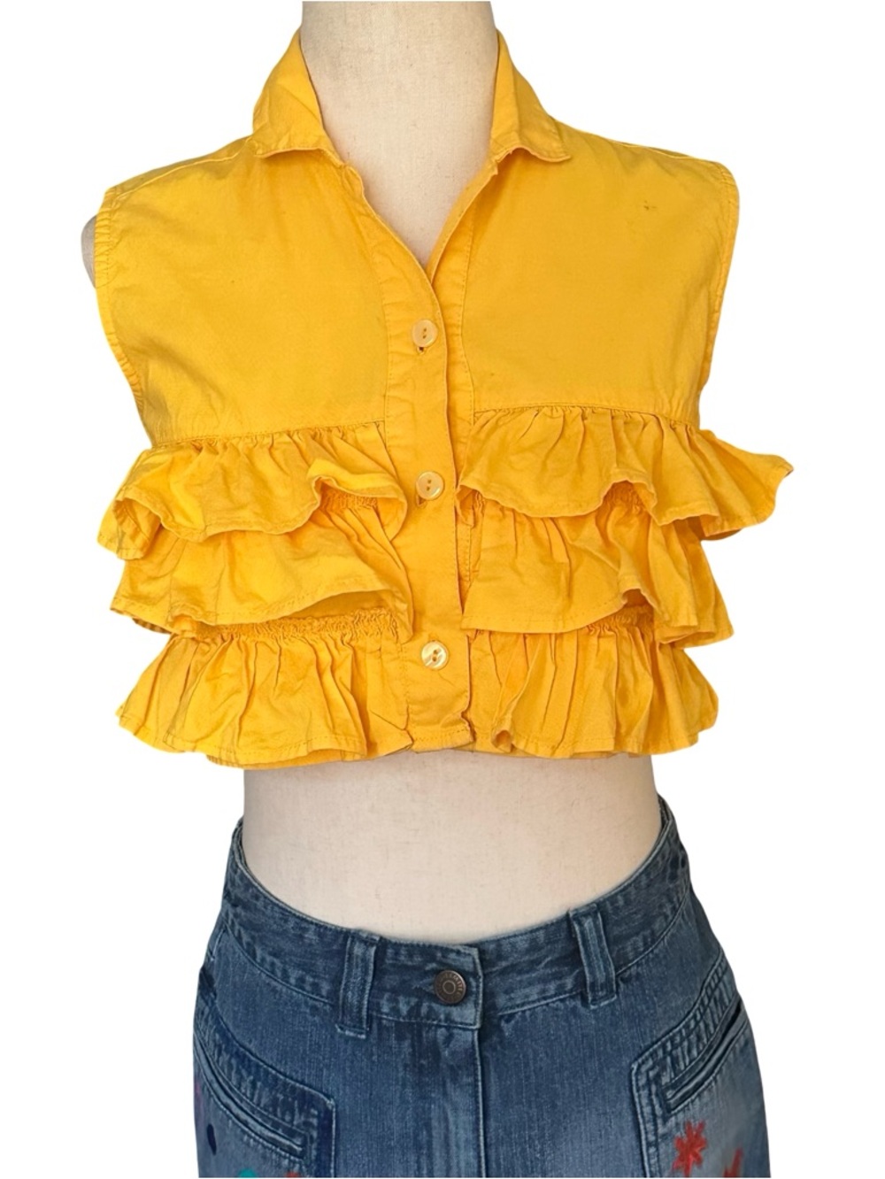 Y2K 90s Gitano Mustard Yellow Ruffle Crop Button-Front Top Size M runs small